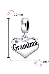 Grandma Mother Word Heart Shape Dangle Bead Charm Sterling Silver