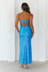 Knight Awaits Sequin Maxi Dress Blue