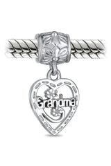 Grandma Mother Word Heart Shape Dangle Bead Charm Sterling Silver