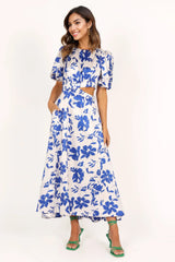 Puff Sleeve Dress - Blue Floral