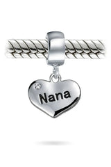 Grandma Mother Word Heart Shape Dangle Bead Charm Sterling Silver