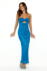 Wearing This Tonight Plisse Strapless Maxi Dress Blue