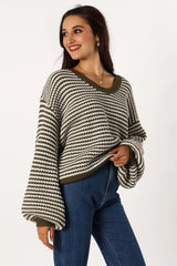 Becca Crewneck Waffle Stitch Stripe Knit Sweater - Olive