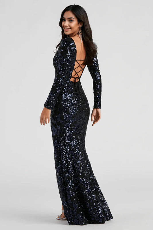 Formal Sequin Lace-Up Dress