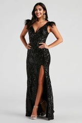 Formal Sequin Feather Long Dress