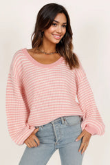 Becca Crewneck Waffle Stitch Stripe Knit Sweater - Pink