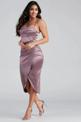 Formal Satin Wrap Midi Dress