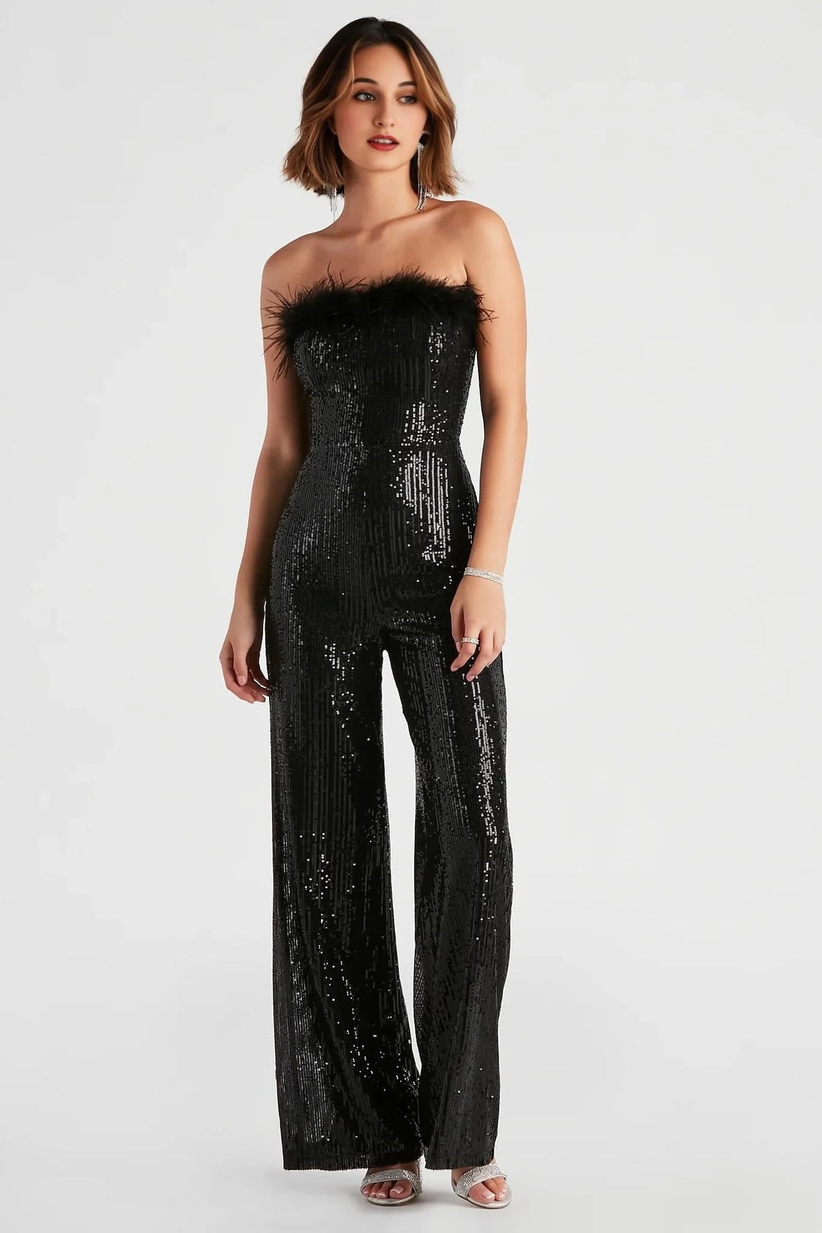 Always Fabulous Feather-Trim Sequin Jumpsuit