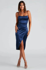 Formal Satin Wrap Midi Dress