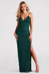 Marylou Lace Mesh Plunge Neck Formal Dress