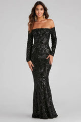 Sierra Sequin Off The Shoulder Formal Dress