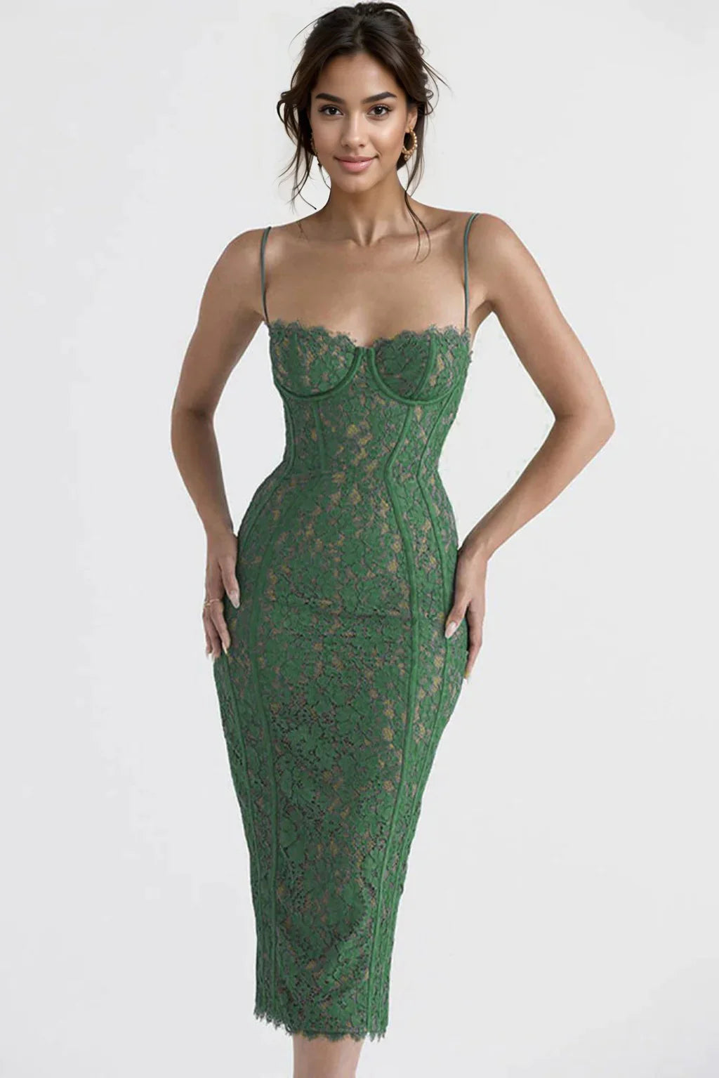 Vintage Eyelash Sweetheart Bodycon Lace Cocktail Midi Dress - Green