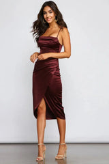 Formal Satin Wrap Midi Dress