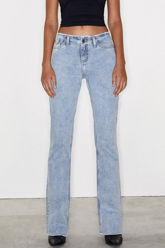 Frayed Low Rise Jeans in Light Wash Blue