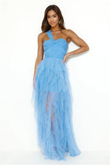 Extravagance Is Me One Shoulder Tulle Maxi Dress Blue