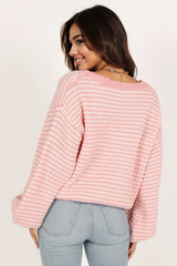 Becca Crewneck Waffle Stitch Stripe Knit Sweater - Pink