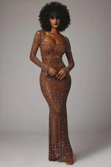 Sheer Embellished Long Sleeve Evening Gown in Mocha