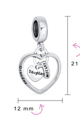 Grandma Mother Word Heart Shape Dangle Bead Charm Sterling Silver