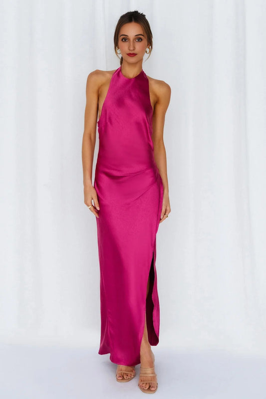 Light Minds Satin Midi Dress Fuchsia