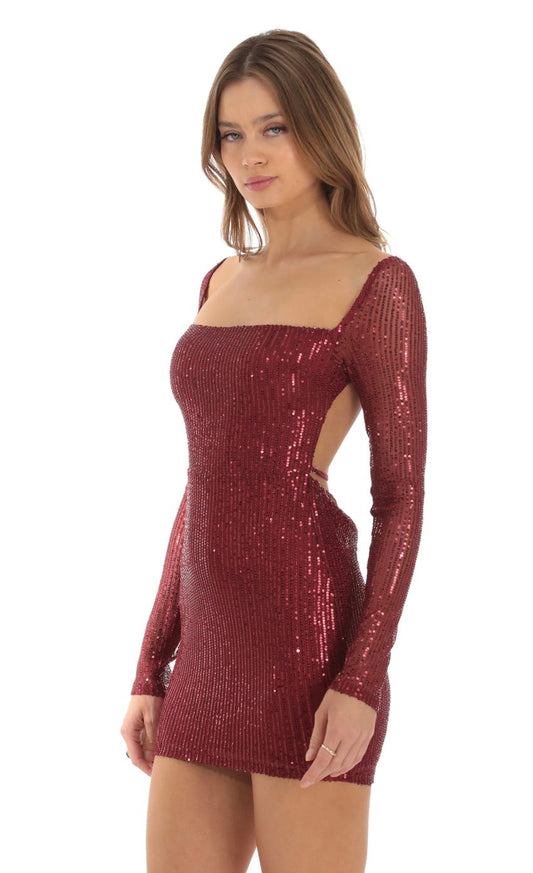 Sequin Long Sleeve Bodycon Dress in Red