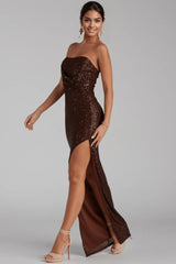 Sorella Sequin Wrap Slit Formal Dress