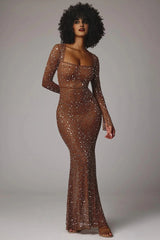 Sheer Embellished Long Sleeve Evening Gown in Mocha