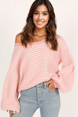 Becca Crewneck Waffle Stitch Stripe Knit Sweater - Pink