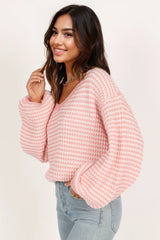 Becca Crewneck Waffle Stitch Stripe Knit Sweater - Pink