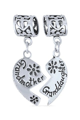 Grandma Mother Word Heart Shape Dangle Bead Charm Sterling Silver