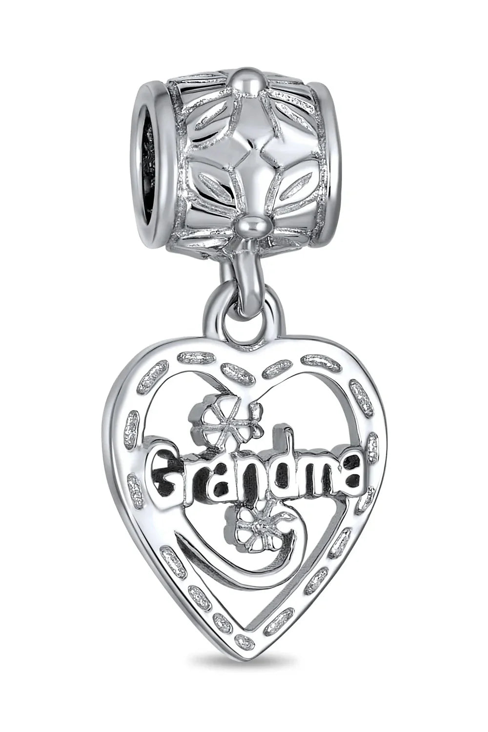 Grandma Mother Word Heart Shape Dangle Bead Charm Sterling Silver