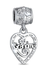 Grandma Mother Word Heart Shape Dangle Bead Charm Sterling Silver