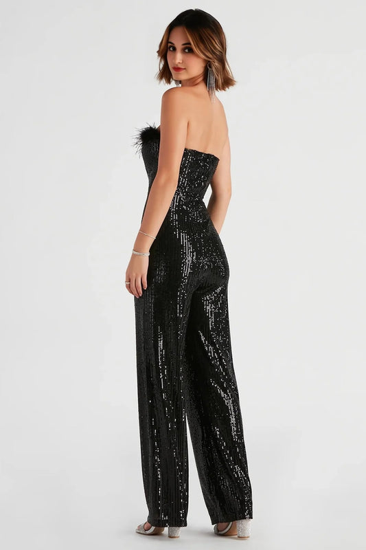 Always Fabulous Feather-Trim Sequin Jumpsuit