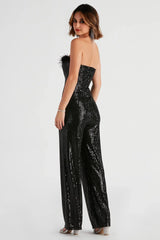 Always Fabulous Feather-Trim Sequin Jumpsuit