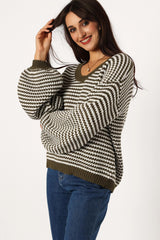 Becca Crewneck Waffle Stitch Stripe Knit Sweater - Olive