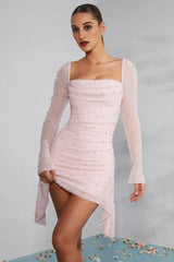 Long Sleeve Embellished Cowl Neck Mini Dress in Blush