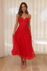 Wandering In The Light Tulle Midi Dress Red