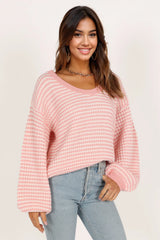 Becca Crewneck Waffle Stitch Stripe Knit Sweater - Pink