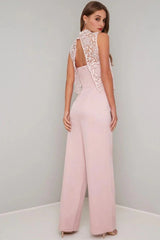 High Neck Lace Overlay Wide Leg Jumpsuit in Pink