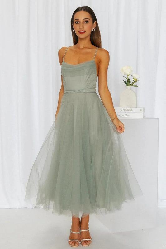 Signal My Way Tulle Midi Dress Sage