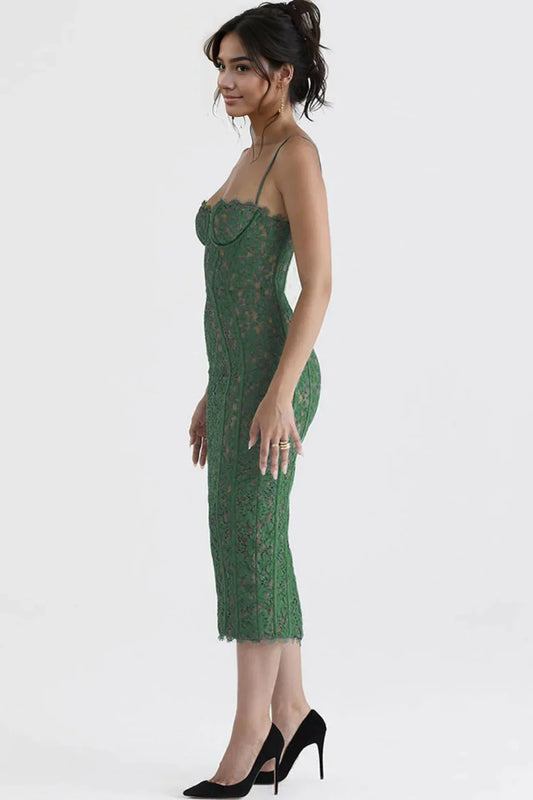 Vintage Eyelash Sweetheart Bodycon Lace Cocktail Midi Dress - Green