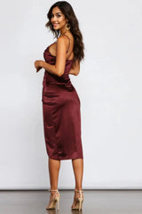 Formal Satin Wrap Midi Dress