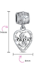 Grandma Mother Word Heart Shape Dangle Bead Charm Sterling Silver