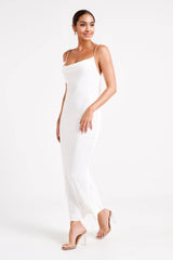 Cowl Midi Dress With Pearl Trim - White