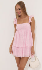 Dotted Chiffon Ruffle Dress in Pink