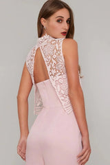 High Neck Lace Overlay Wide Leg Jumpsuit in Pink