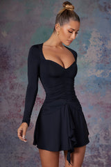 Long Sleeve Waterfall Skirt Mini Dress in Midnight Black