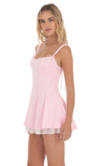 Bow Strap Shimmer Ruffle Dress in Pink