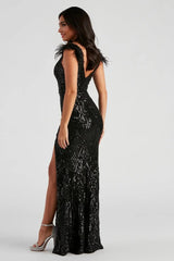 Formal Sequin Feather Long Dress