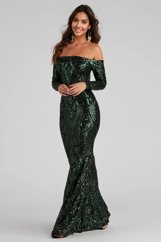 Sierra Sequin Off The Shoulder Formal Dress