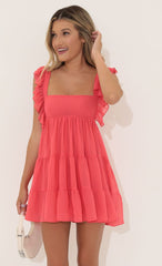 Chiffon Baby Doll Ruffle Dress in Red Coral